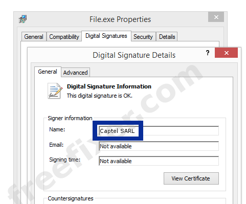 Screenshot of the Captel SARL certificate